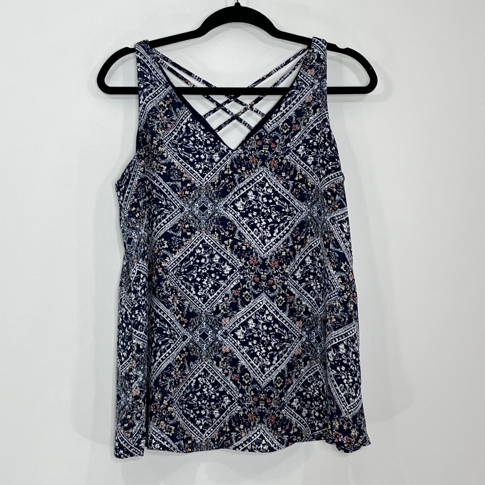 Maurices Womens Navy Blue Floral Medallion Strappy Lattice Back Tank Top Size M